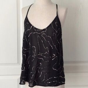 Jem Black Chiffon Beaded Cami Tank Top – Unique Strappy Back – Size M/L
